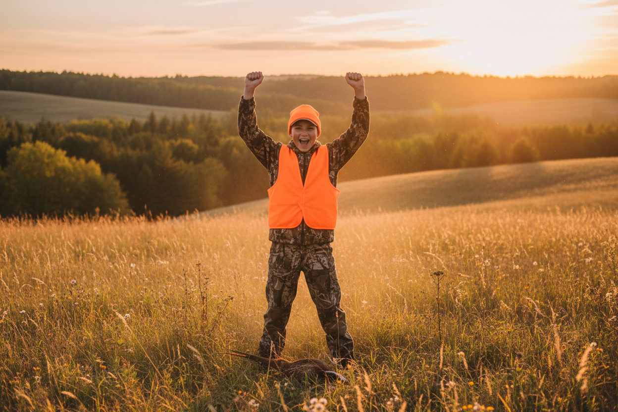 a youth hunter in the field with his first success, he or she is super happy
